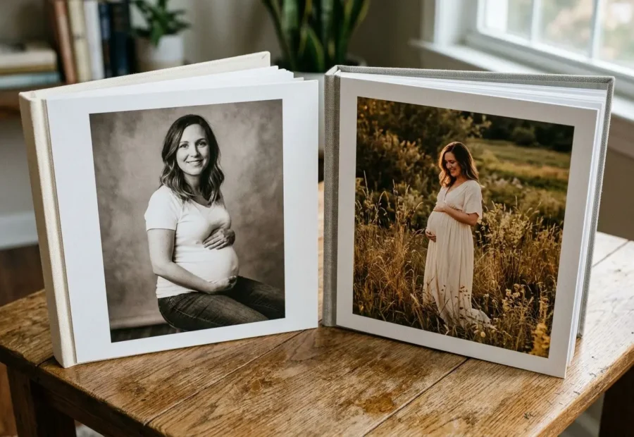 Album photo avec une femme enceinte affichant des portraits imprimés sur des pages épaisses.