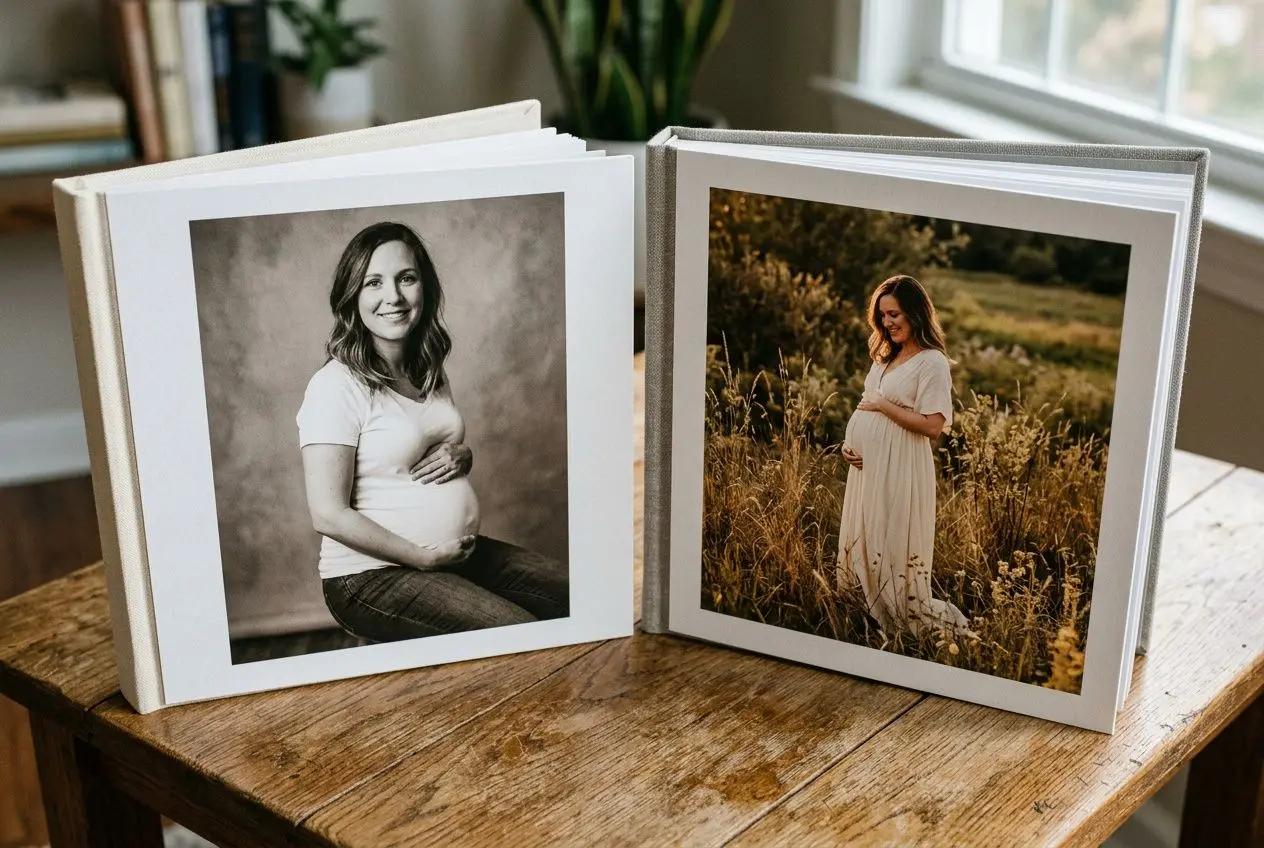 Album photo avec une femme enceinte affichant des portraits imprimés sur des pages épaisses.