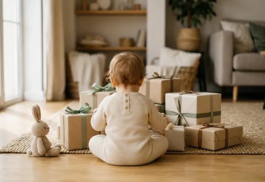Bébé assis sur le sol, entouré de cadeaux emballés et d’un petit lapin en peluche dans un intérieur cosy et lumineux.
