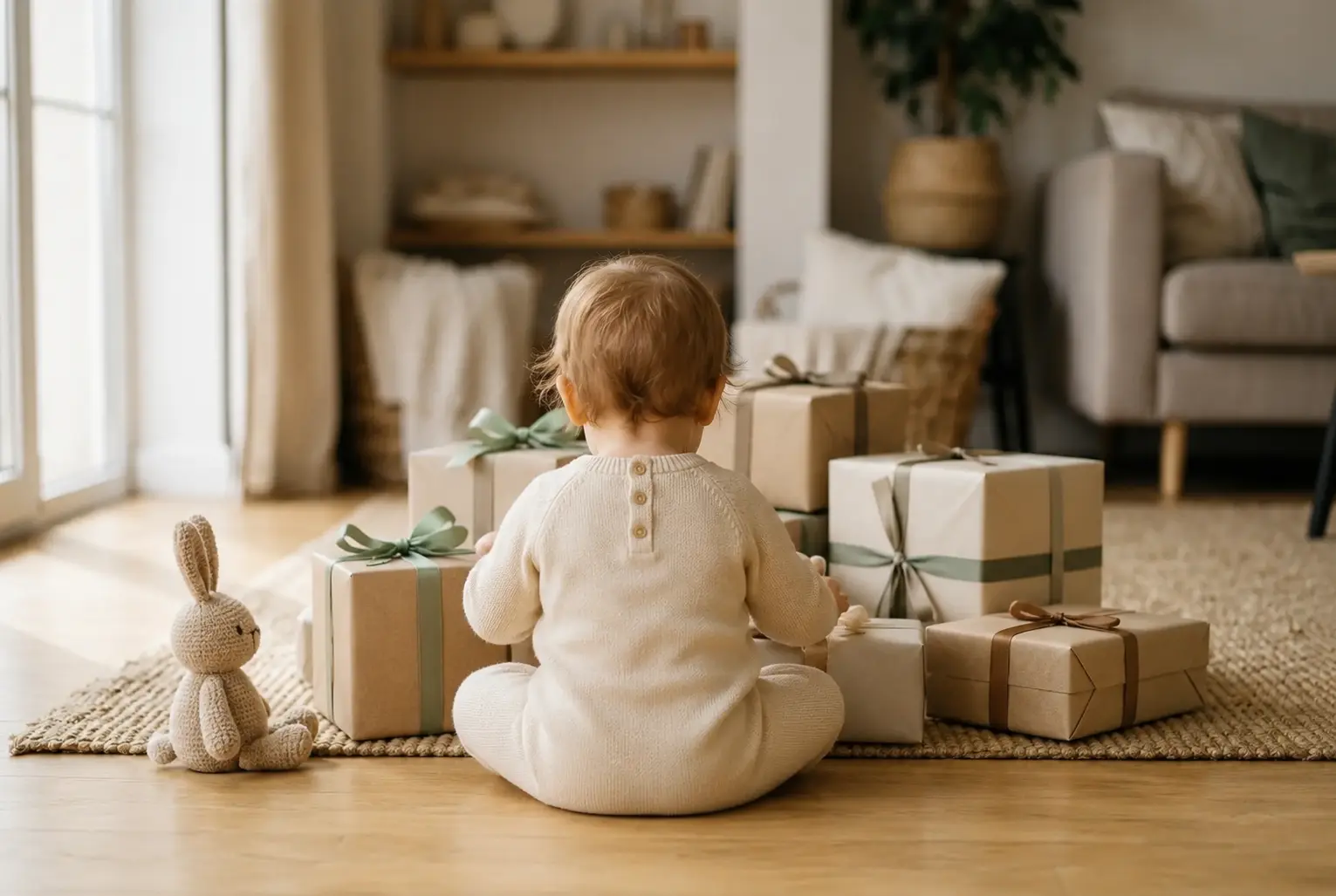 Bébé assis sur le sol, entouré de cadeaux emballés et d’un petit lapin en peluche dans un intérieur cosy et lumineux.