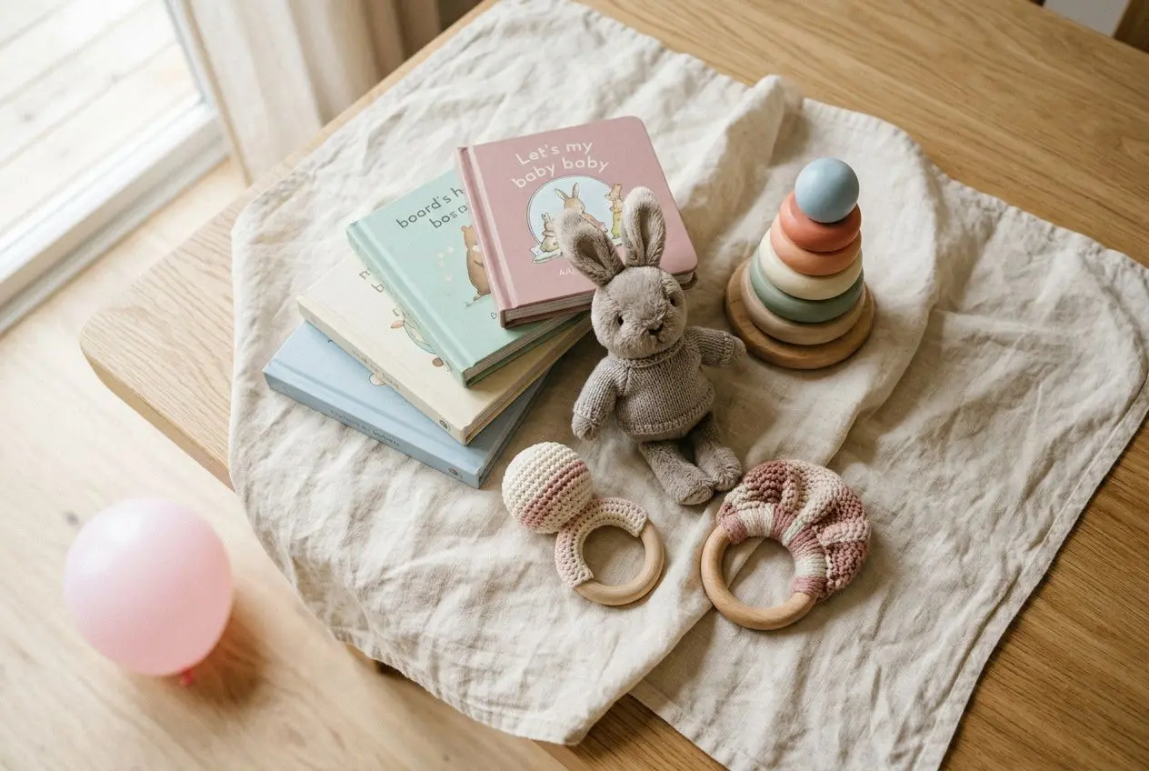 Câlins et jouets pour bébé: 20 idées de cadeaux pour le premier anniversaire de bébé, avec livres et peluches.
