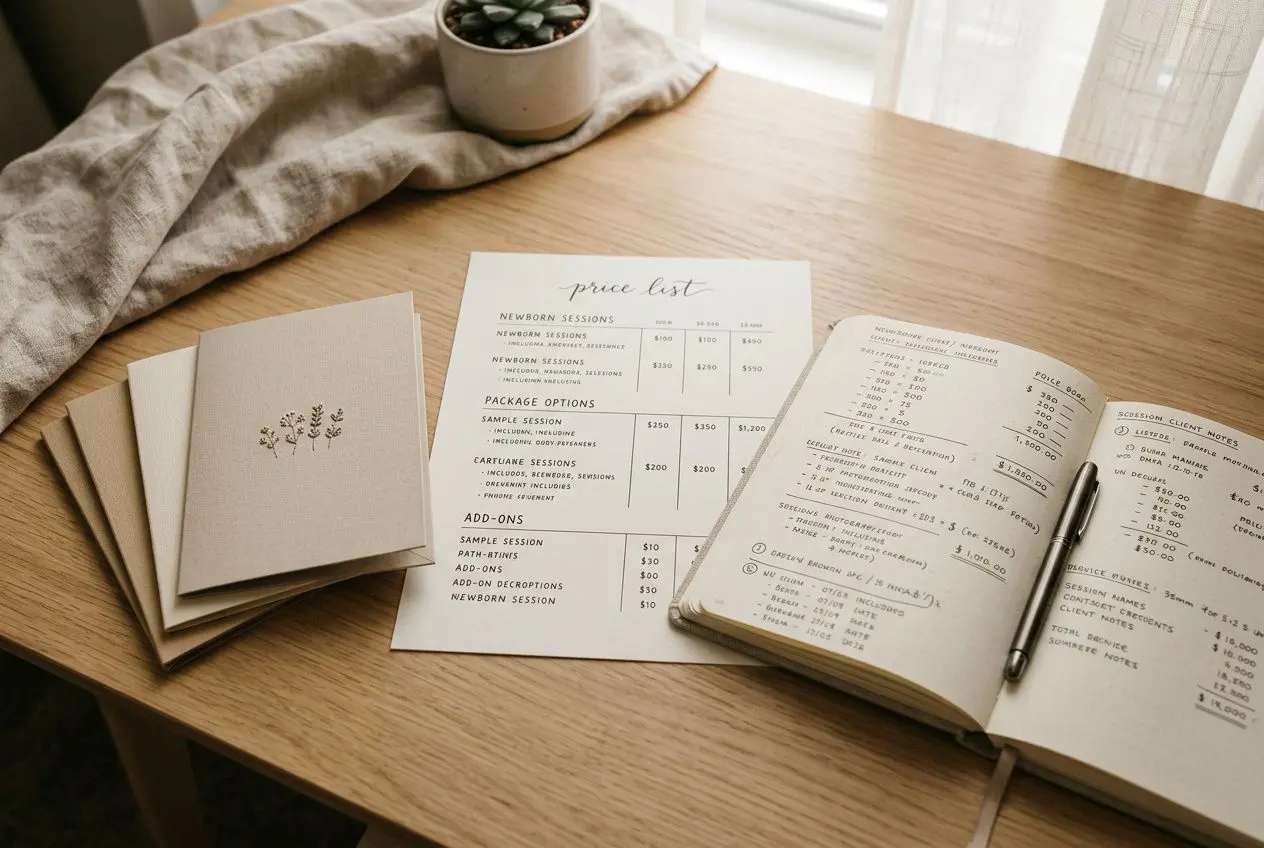 Cartes et carnet de tarifs pour séance photographe nouveau-né posés sur une table, avec un stylo et une plante. comment choisir son photographe nouveau-né en france.