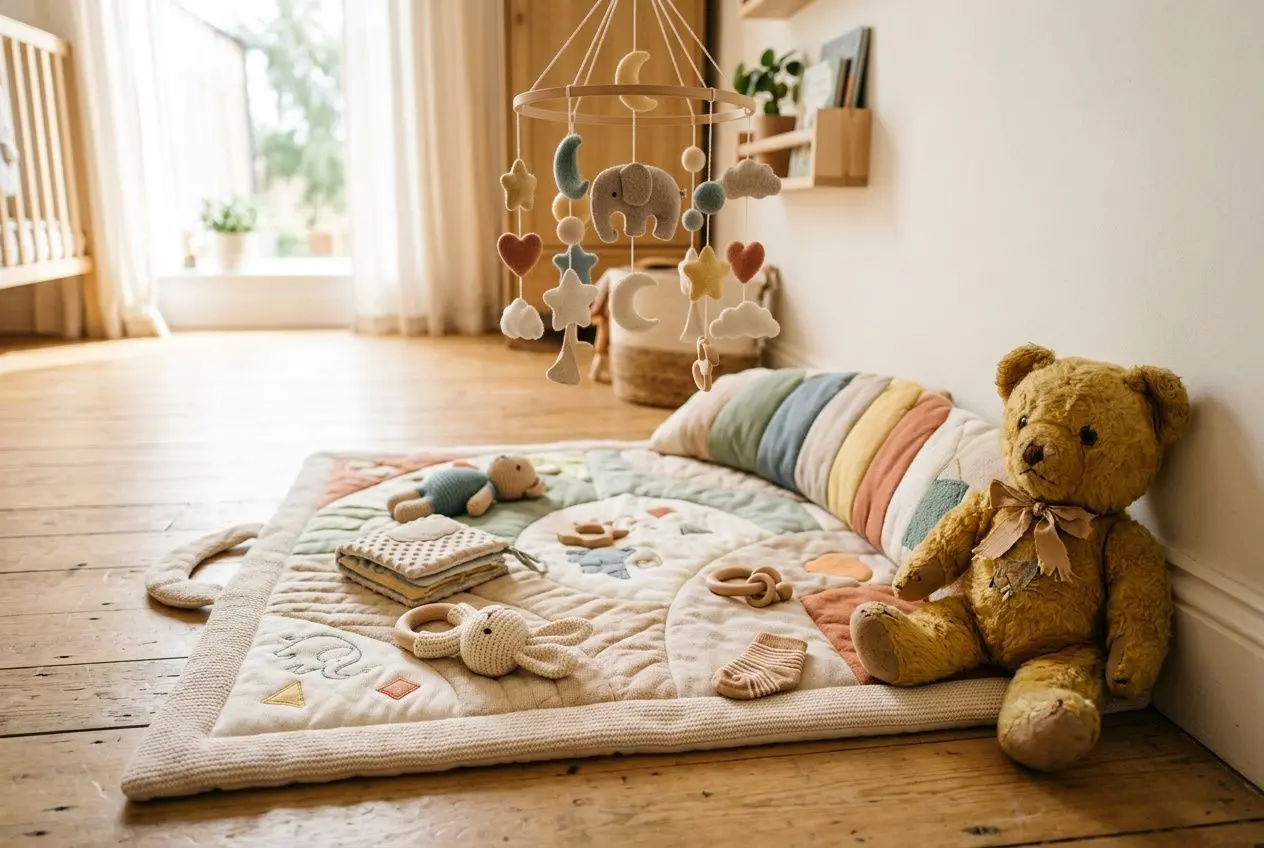 Coin cosy avec tapis d’éveil, mobile et peluche au pied du lit, ambiance bébé prête pour une liste de naissance bebe.