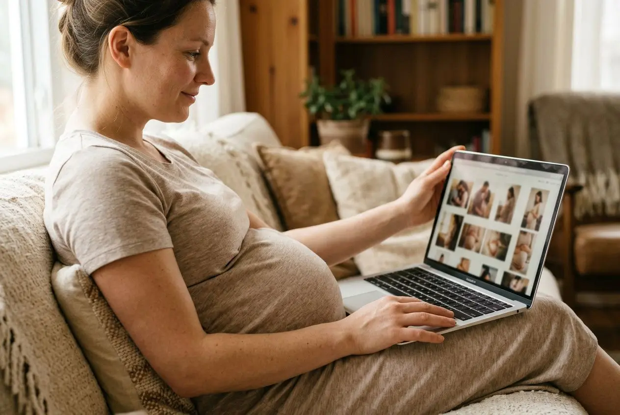 Femme enceinte sur le canapé consulte des photos de grossesse sur un laptop, ambiance cosy à la maison. Quoi qu'il advienne, quand faire une seance photo grossesse - 7e à 8e mois, s'illustre par un ventre visible et détendu.