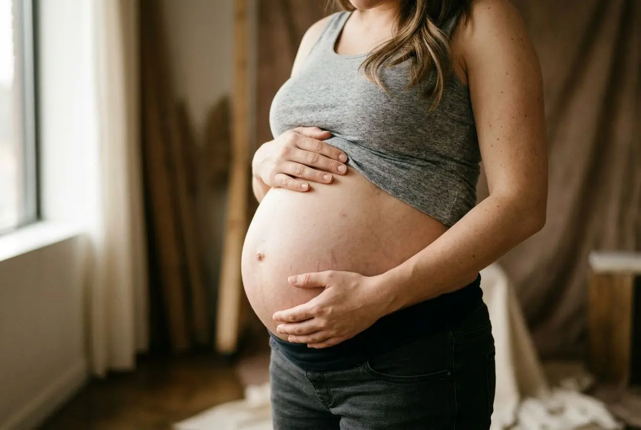 Femme enceinte montrant son ventre rond, tenant son ventre et soutenant avec les mains, lumière naturelle près d’une fenêtre. quand faire une seance photo grossesse suggéré.