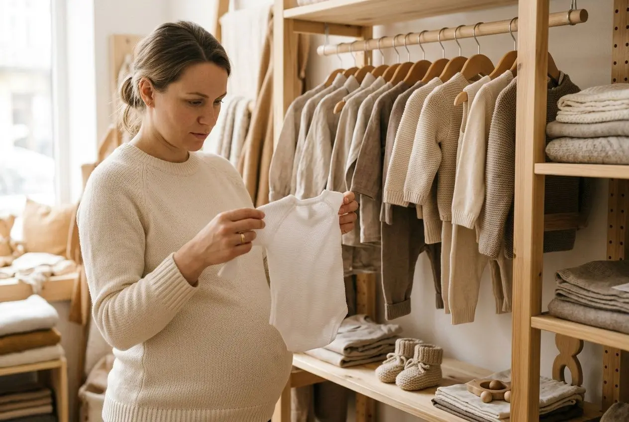Femme enceinte tenant un body blanc dans une boutique de vêtements pour bébé, rangements de nids et tricots autour, prêt pour la taille naissance ou 1 mois guide