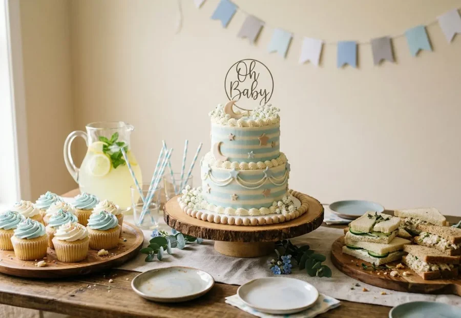 Gâteau bleu et blanc pour baby shower sur socle en bois, cupcakes et sandwichs, décor pastel et guirlandes, ambiance festive. baby shower quand organiser.