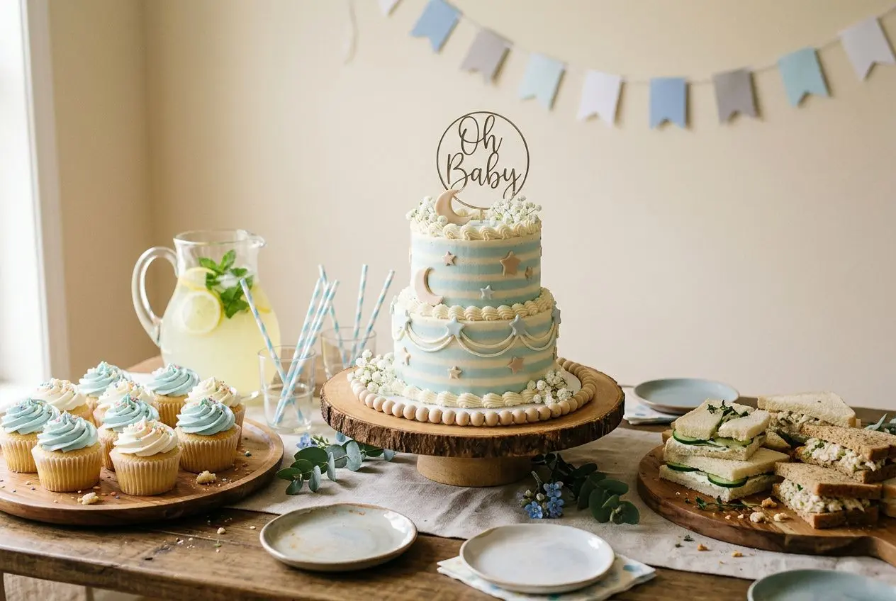 Gâteau bleu et blanc pour baby shower sur socle en bois, cupcakes et sandwichs, décor pastel et guirlandes, ambiance festive. baby shower quand organiser.