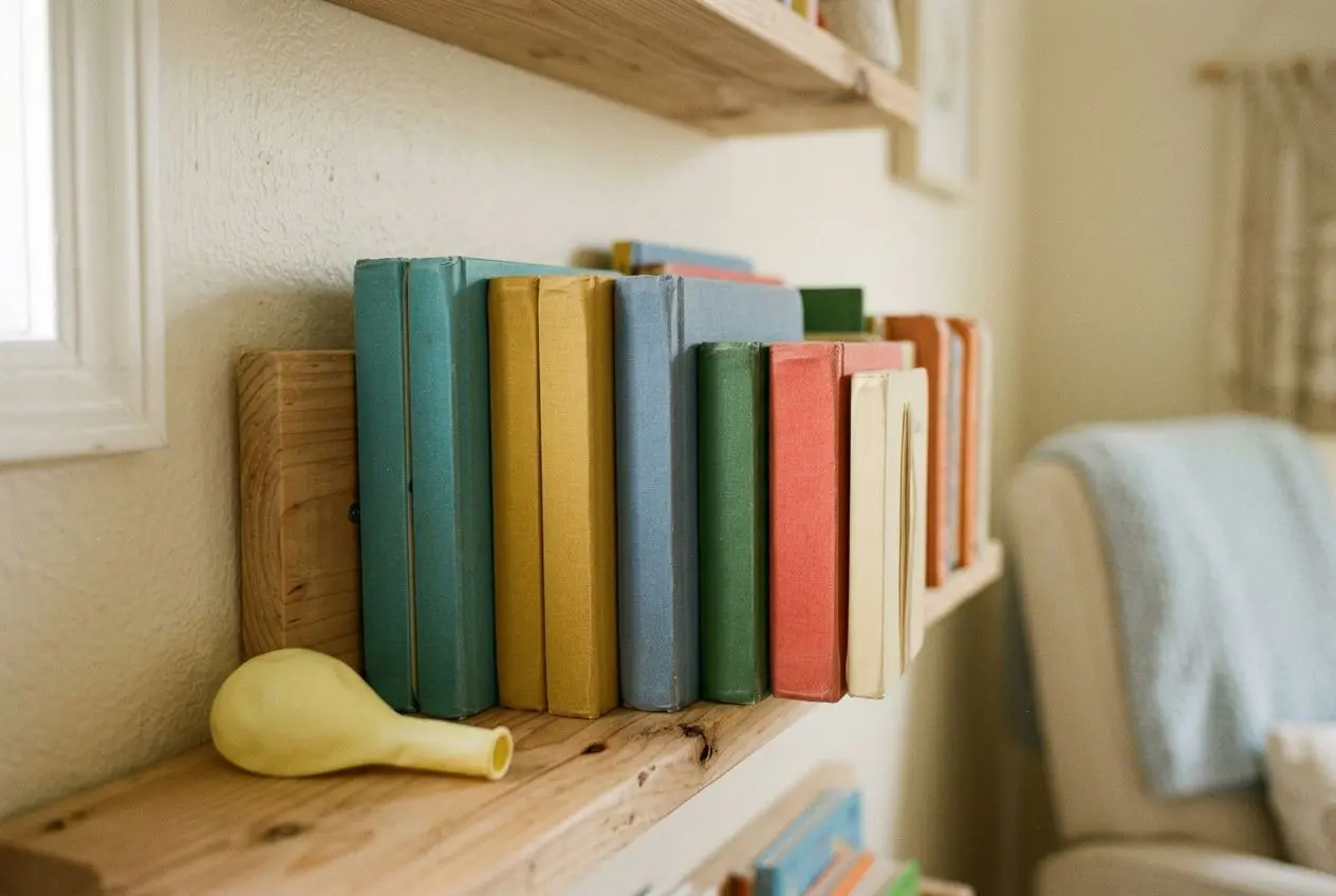 Livres colorés alignés sur une étagère, avec un petit entonnoir en bois posé à côté. 20 idées de cadeaux pour le premier anniversaire de bébé.