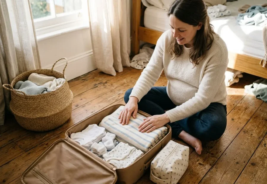 Maman préparant sa valise: femme assise sur le sol, pliant et rangeant vêtements bébé dans une valise ouverte, coordinations et linge bébé à côté. alt: valise de maternité liste prêt pour organier les affaires maman-bébé.