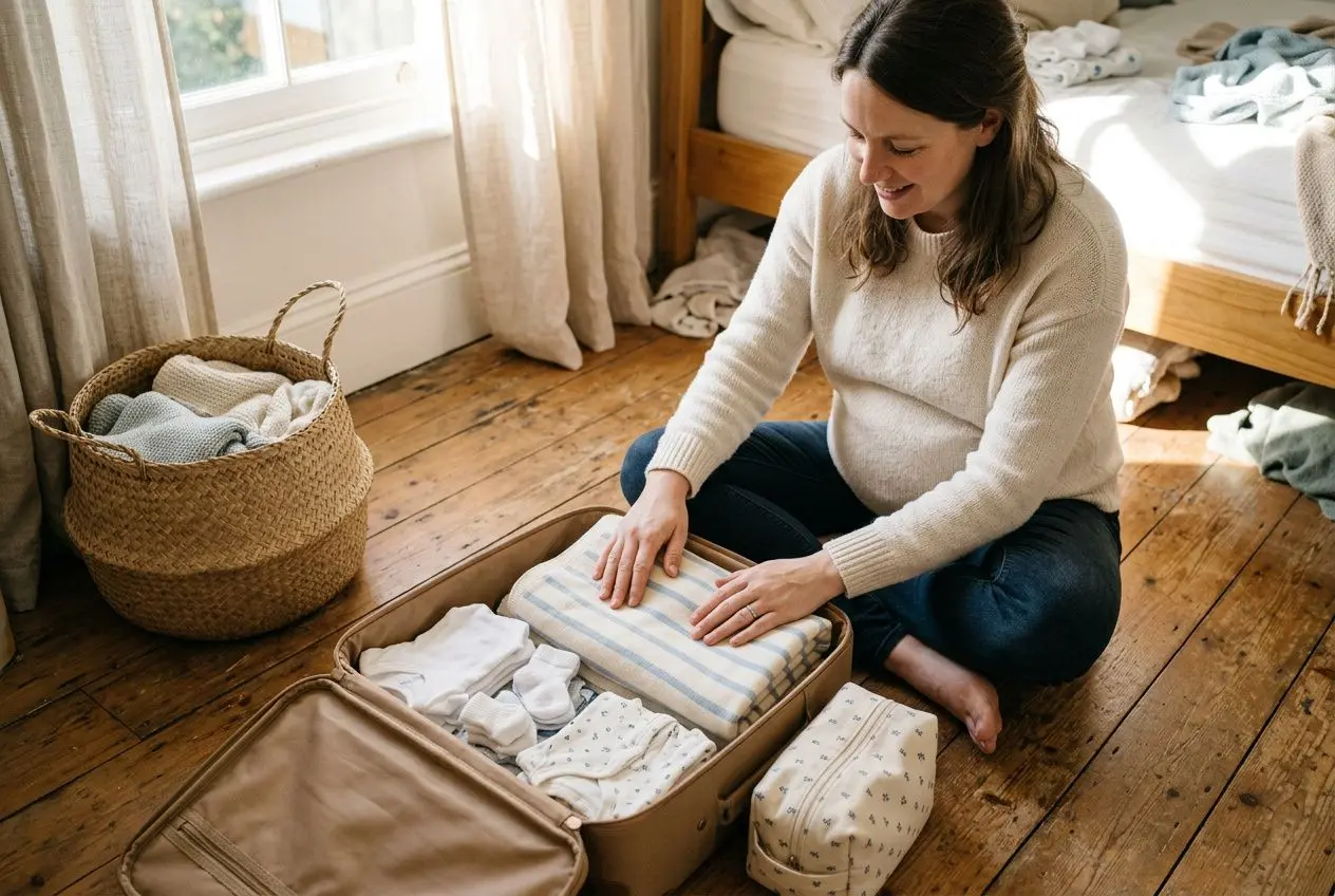 Maman préparant sa valise: femme assise sur le sol, pliant et rangeant vêtements bébé dans une valise ouverte, coordinations et linge bébé à côté. alt: valise de maternité liste prêt pour organier les affaires maman-bébé.
