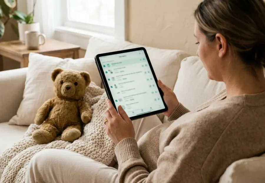 Personne sur canapé utilisant une tablette tactile, près d’un ours en peluche et d’une couverturedouillette, illustrant la préparation d’une liste de naissance bébé. Liste de naissance bebe.