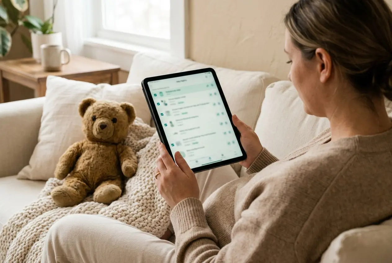 Personne sur canapé utilisant une tablette tactile, près d’un ours en peluche et d’une couverturedouillette, illustrant la préparation d’une liste de naissance bébé. Liste de naissance bebe.