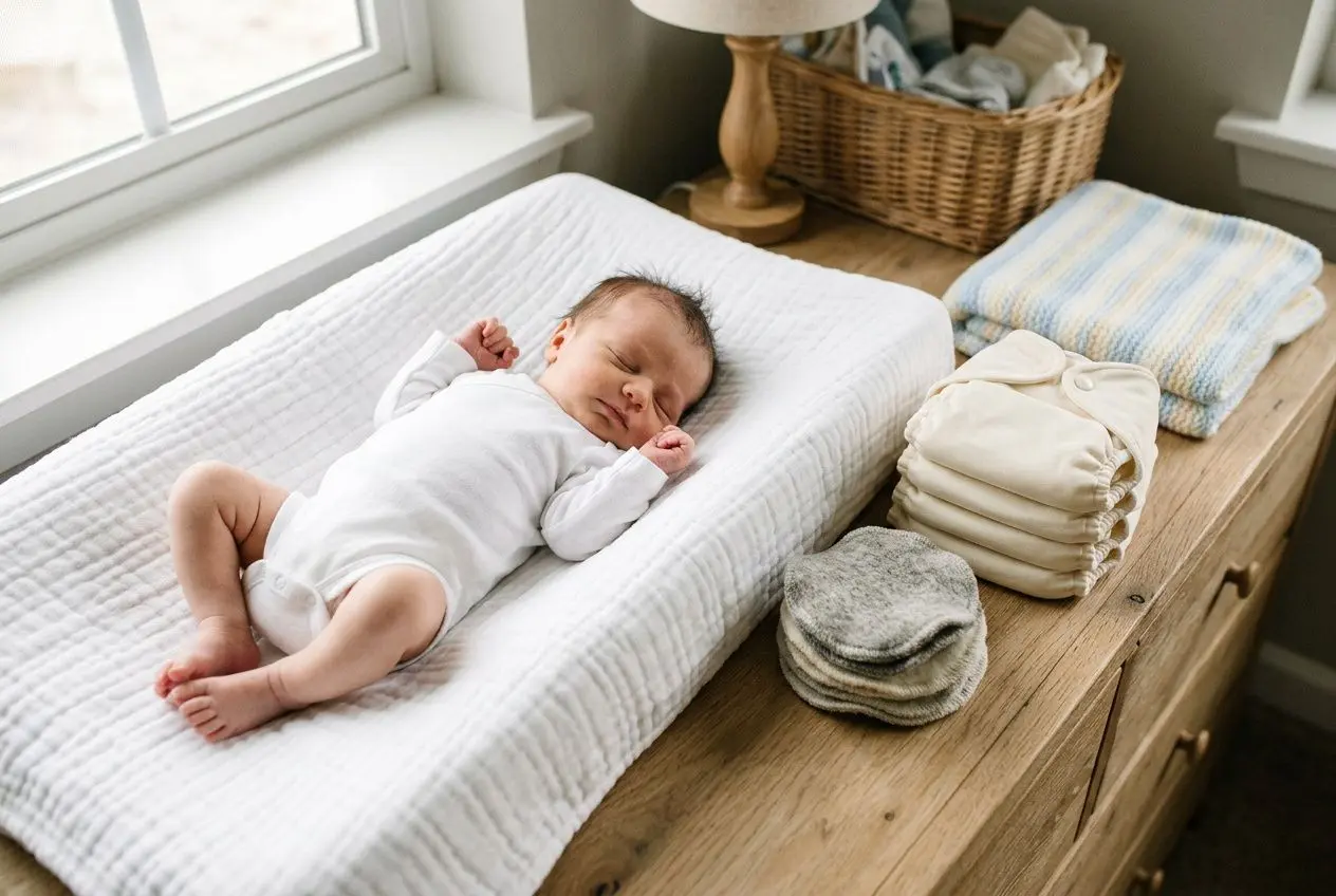 Petit bébé allongé sur un matelas à langer blanc, entouré de piles de couches et de linges sur une table en bois près d’une fenêtre.