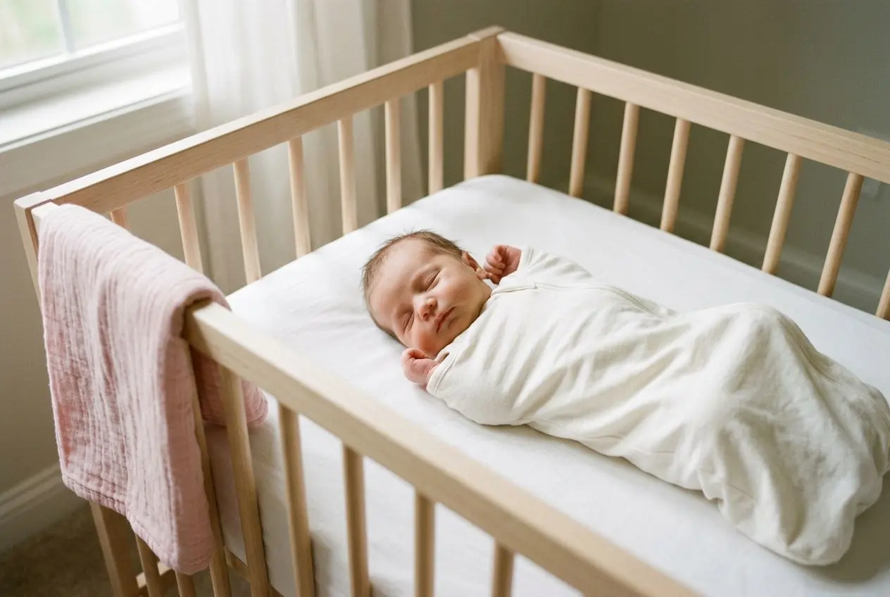 Petit bébé dormant dans un lit à barreaux en bois, enveloppé dans une couverture blanche, près d’une fenêtre. Quoi acheter avant la naissance de bébé ?