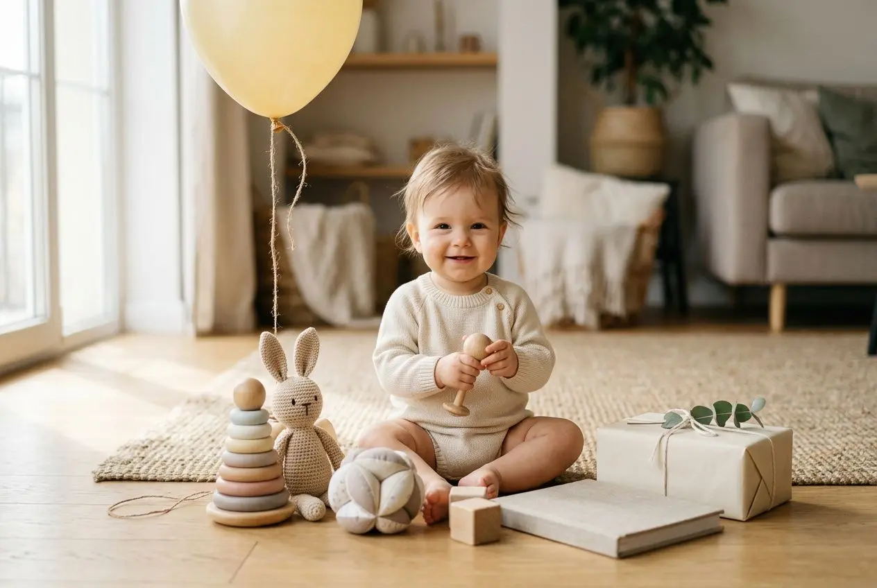 Enfant de dos entouré de cadeaux colorés pour son premier anniversaire. 20 idées de cadeaux pour le premier anniversaire de bébé.