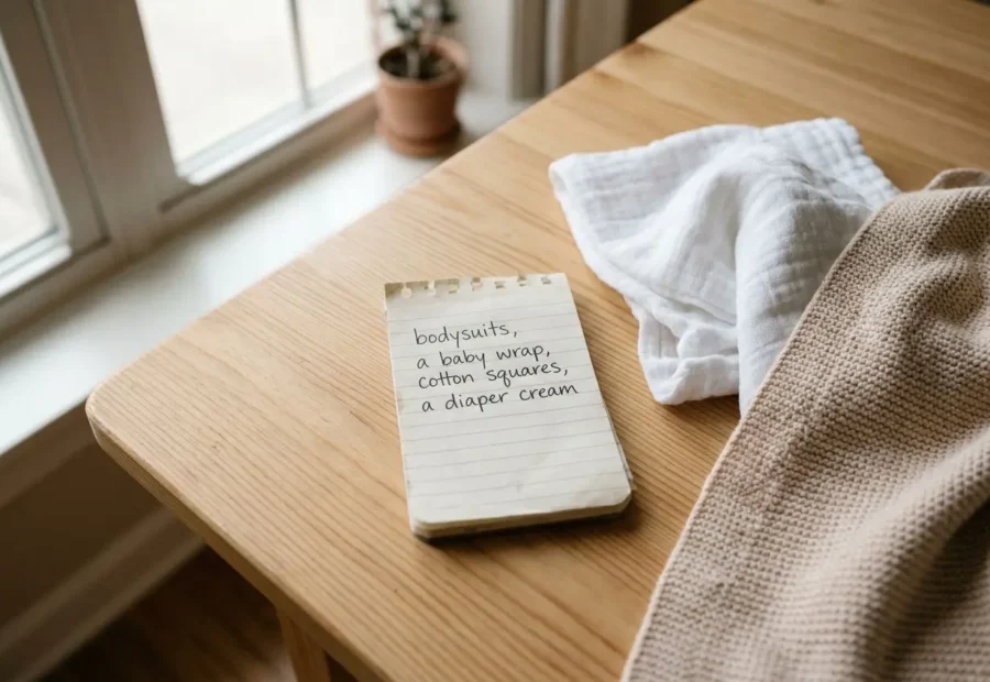 Petit carnet sur une table en bois avec liste de naissance: bodys, un body wrap, carrés de coton et une crème pour couche, près d’un drap. intégrant “quoi acheter avant la naissance de bébé ?” comme phrase naturelle.