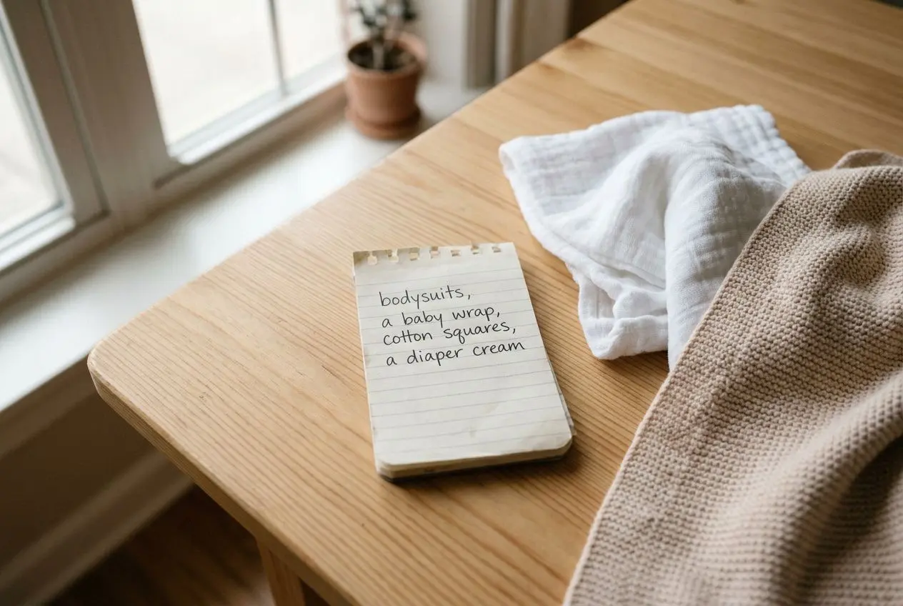 Petit carnet sur une table en bois avec liste de naissance: bodys, un body wrap, carrés de coton et une crème pour couche, près d’un drap. intégrant “quoi acheter avant la naissance de bébé ?” comme phrase naturelle.