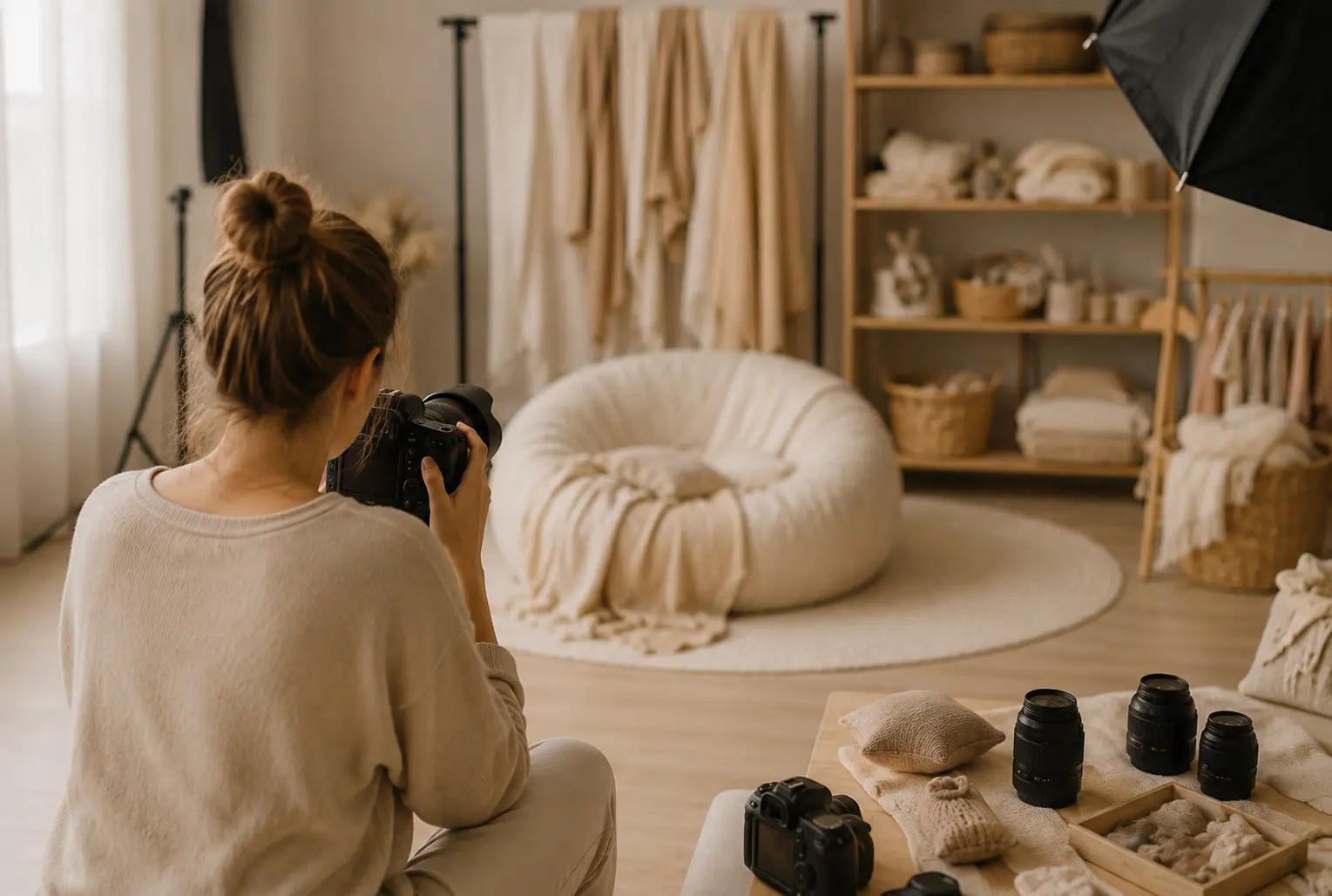 Photographe femme assise sur le sol, prenant des clichés dans un studio doux, entourée d’un coin cosy avec canapé rond, textiles et matériel photo sur une table.