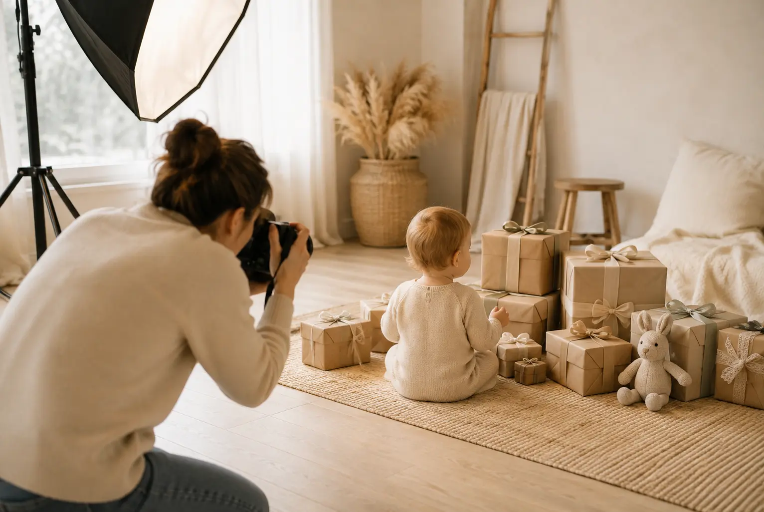Photographe prenant en photo un bébé assis près d’une pile de cadeaux dans une pièce lumineuse et décorée, avec lama en peluche.