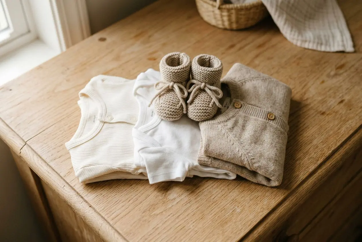 Piles de vêtements pour bébé et bottines tricotées: taille naissance ou 1 mois guide prêt pour accueillir bébé.