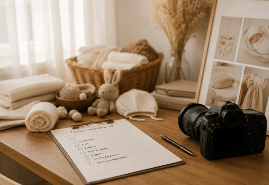 Plan de travail cosy avec appareil photo, carnet de liste et peluches beige, ambiance douce et naturelle.