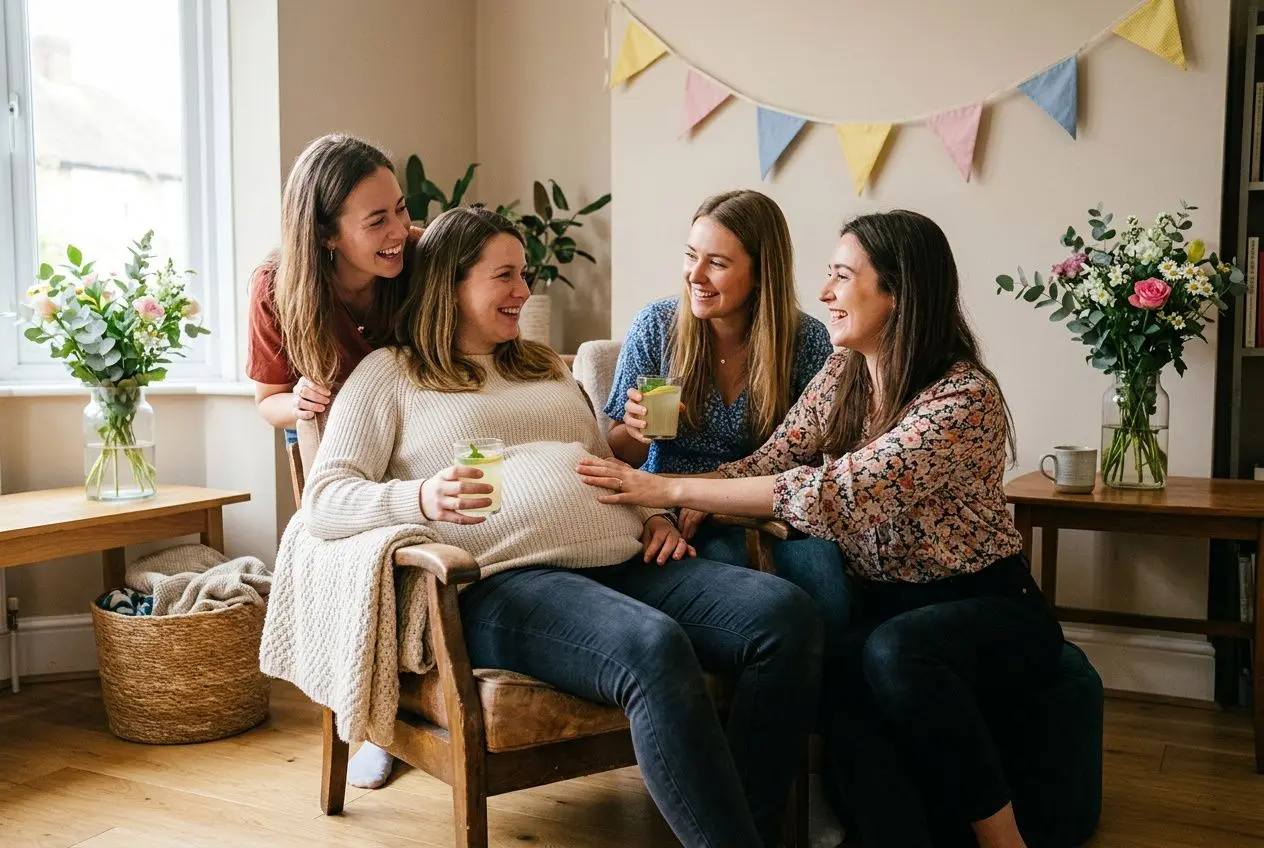 Quatre amies en salon gâteau: une jeune femme enceinte rit avec ses proches lors d’une baby shower improvisée, décor légère et fleurs. baby shower quand organiser.