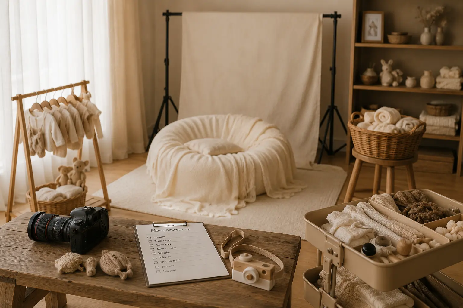 Salle photo-studio cosy pour bébé: mobilier en bois, transat rond beige, rack et codage couleur, peluches, peluchettes, vêtements miniatures, caméra pro et carnet de bord sur une table, caisse pleine de linge et accessoires de maternité.