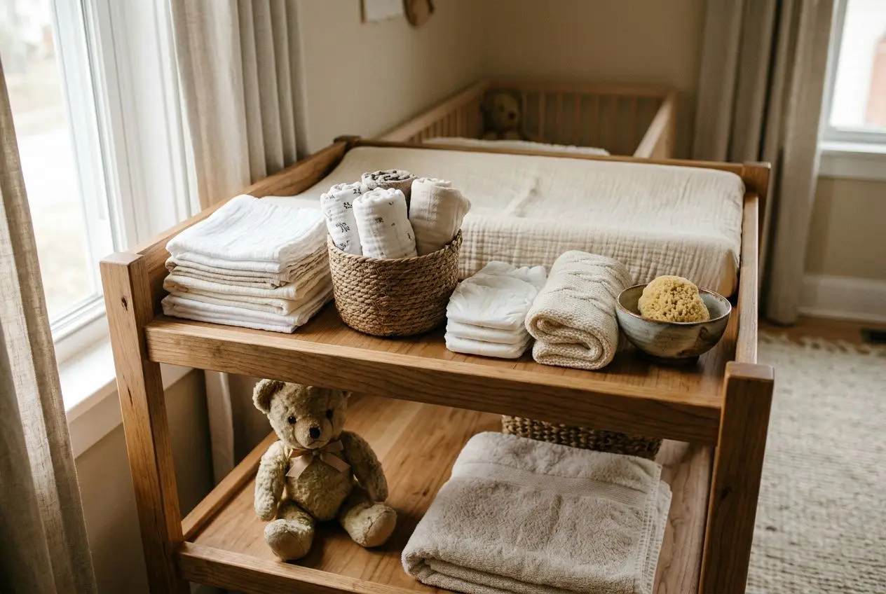 Table à langer en bois avec linges et peluche, espace bien rangé prêt pour thème liste de naissance bebe