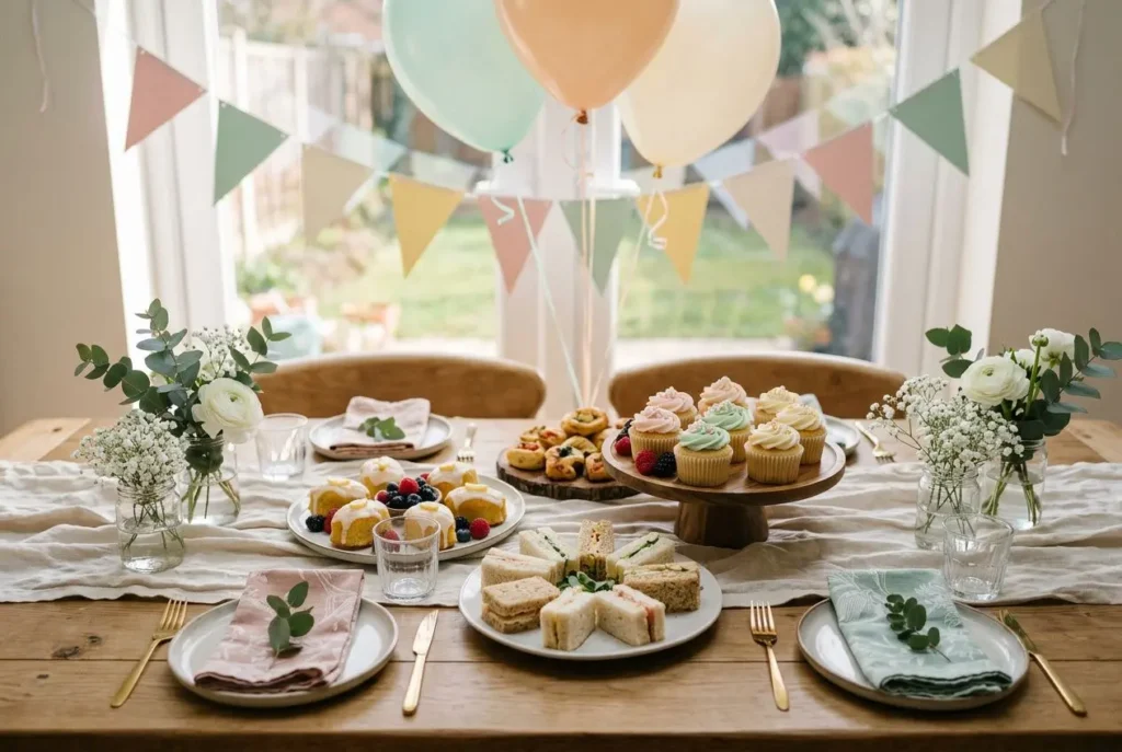 Table dressée pour baby shower, with cupcakes, finger foods et décor pastel, ballons et guirlandes lumineuses en arrière-plan. baby shower quand organiser organisateur.