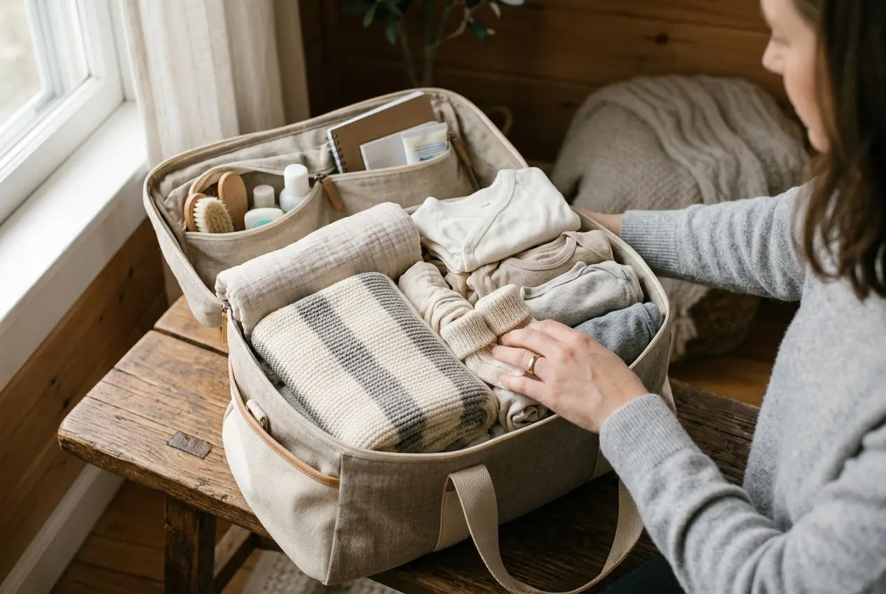 Une valise de maternité prête avec vêtements doux et essentiels bébé-maman, sur une table, prête à être emportée.