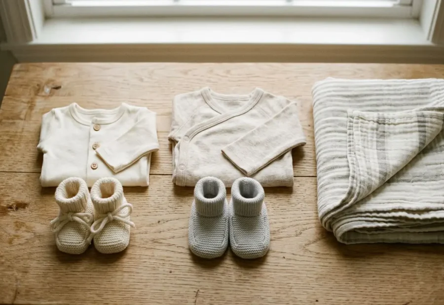 Vêtements et chaussons maternité bébé prêts: bodies, gilets, chaussons et couvertures dans des tons neutres, pour taille naissance ou 1 mois.