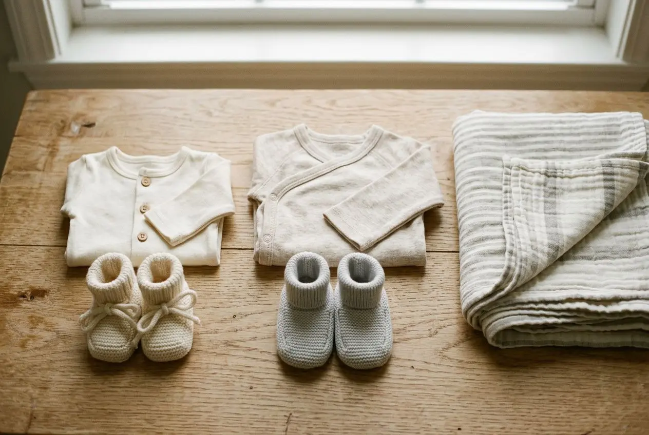 Vêtements et chaussons maternité bébé prêts: bodies, gilets, chaussons et couvertures dans des tons neutres, pour taille naissance ou 1 mois.