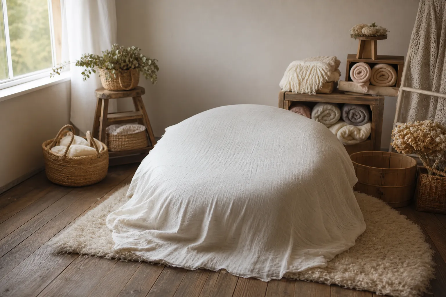 Lit recouvert d'un drap blanc dans une suite photo studio, ambiance chaleureuse et coquine avec paniers et serviettes autour. Comment trouver un photographe nouveau-né près de chez soi ?