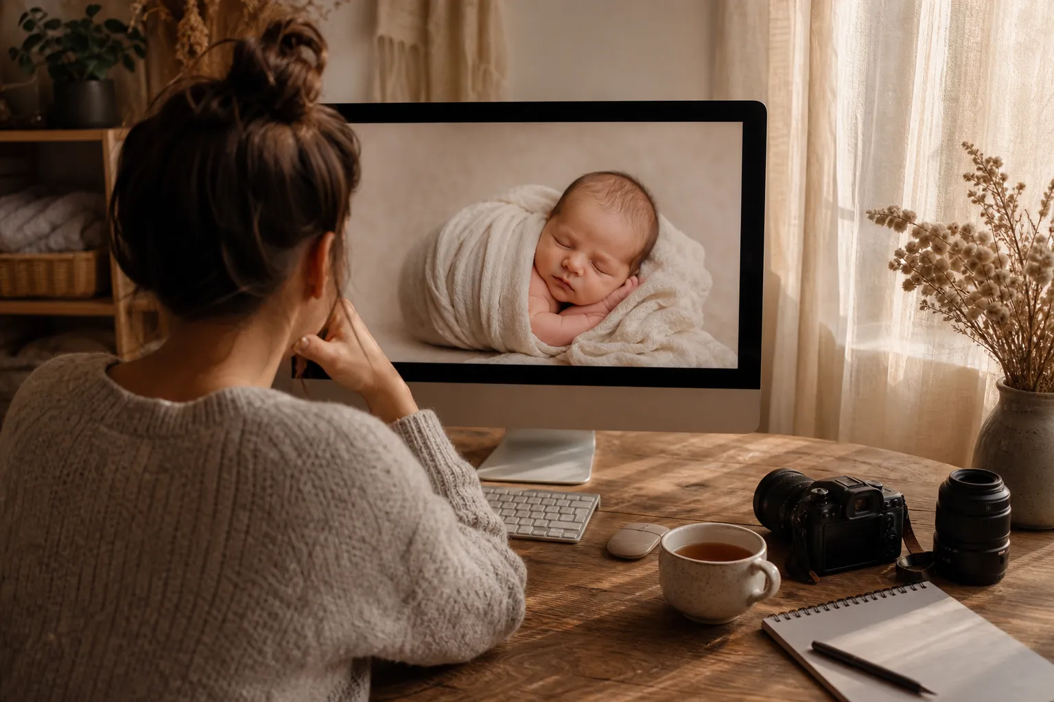 Mère regardant un bébé nouveau-né sur l’écran d’un ordinateur en vidéo, ambiance cosy à domicile avec carnet, tasse et appareil photo sur le bureau. Comment trouver un photographe nouveau-né près de chez soi ?