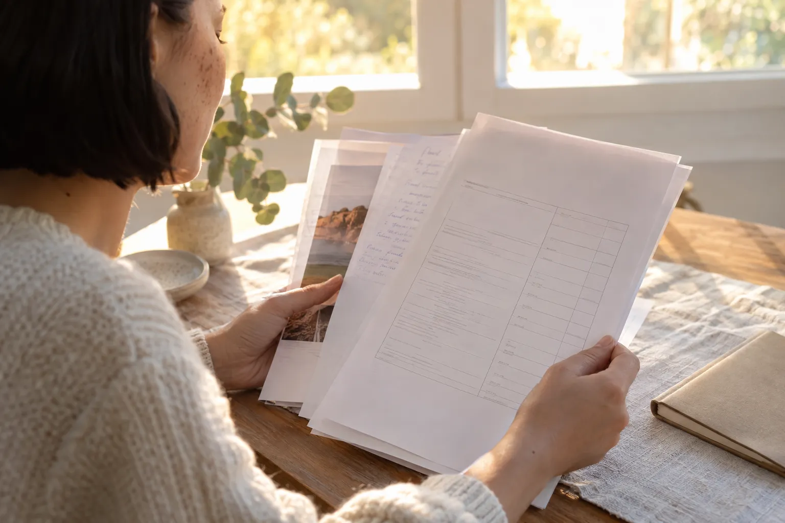 Personne tenant des documents et une fiche de renseignement, près d’une table lumineuse, avec notes et photos, liées aux questions à poser avant de réserver une séance photo bébé.