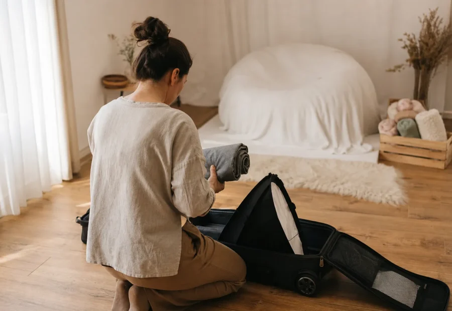 Professionnelle organisant son matériel de séance nouveau-né à domicile, préparant une couverture et un accessoire près d’un lit douillet.