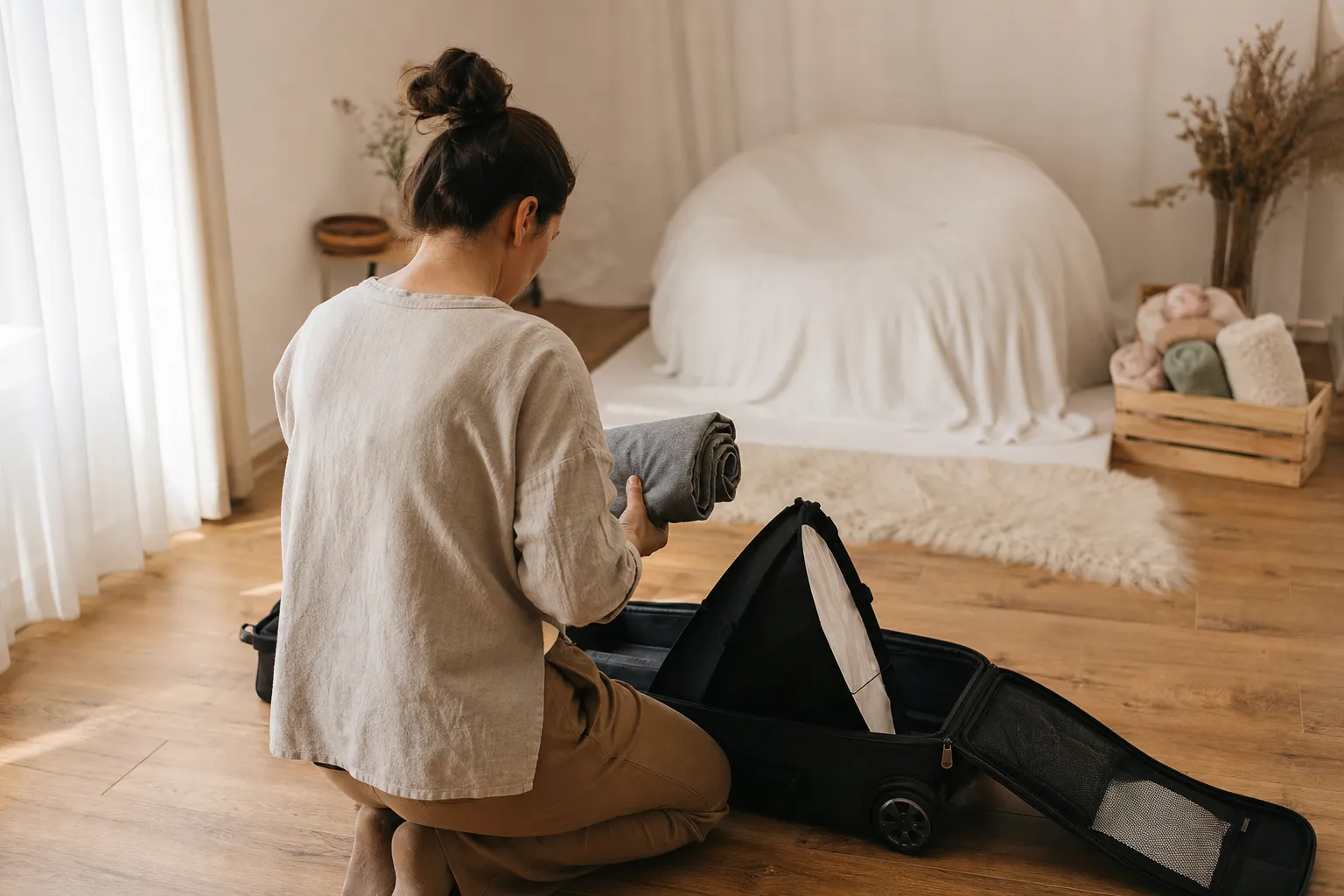 Professionnelle organisant son matériel de séance nouveau-né à domicile, préparant une couverture et un accessoire près d’un lit douillet.