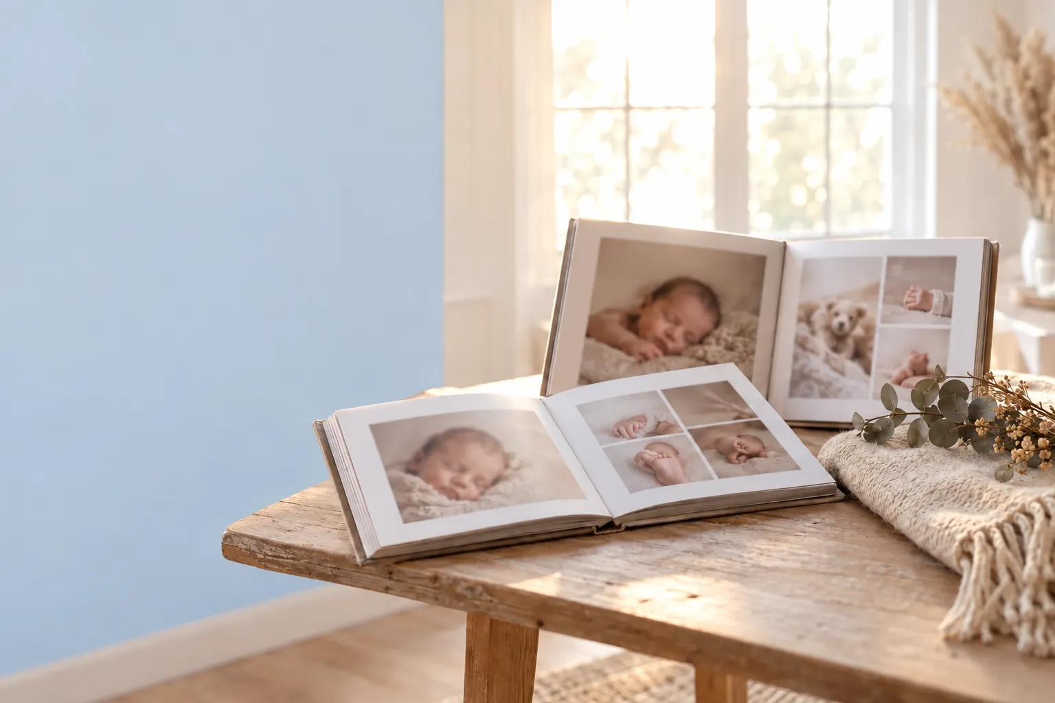 Questions à poser avant de réserver une séance photo bébé : livre photo bébé ouvert sur table en intérieur, ambiance douceur.
