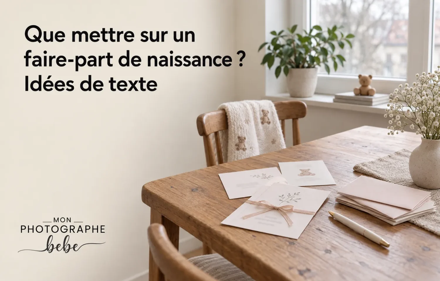 Cartes et enveloppes posées sur une table en bois avec une plume, une plante et des décorations près d’une fenêtre.