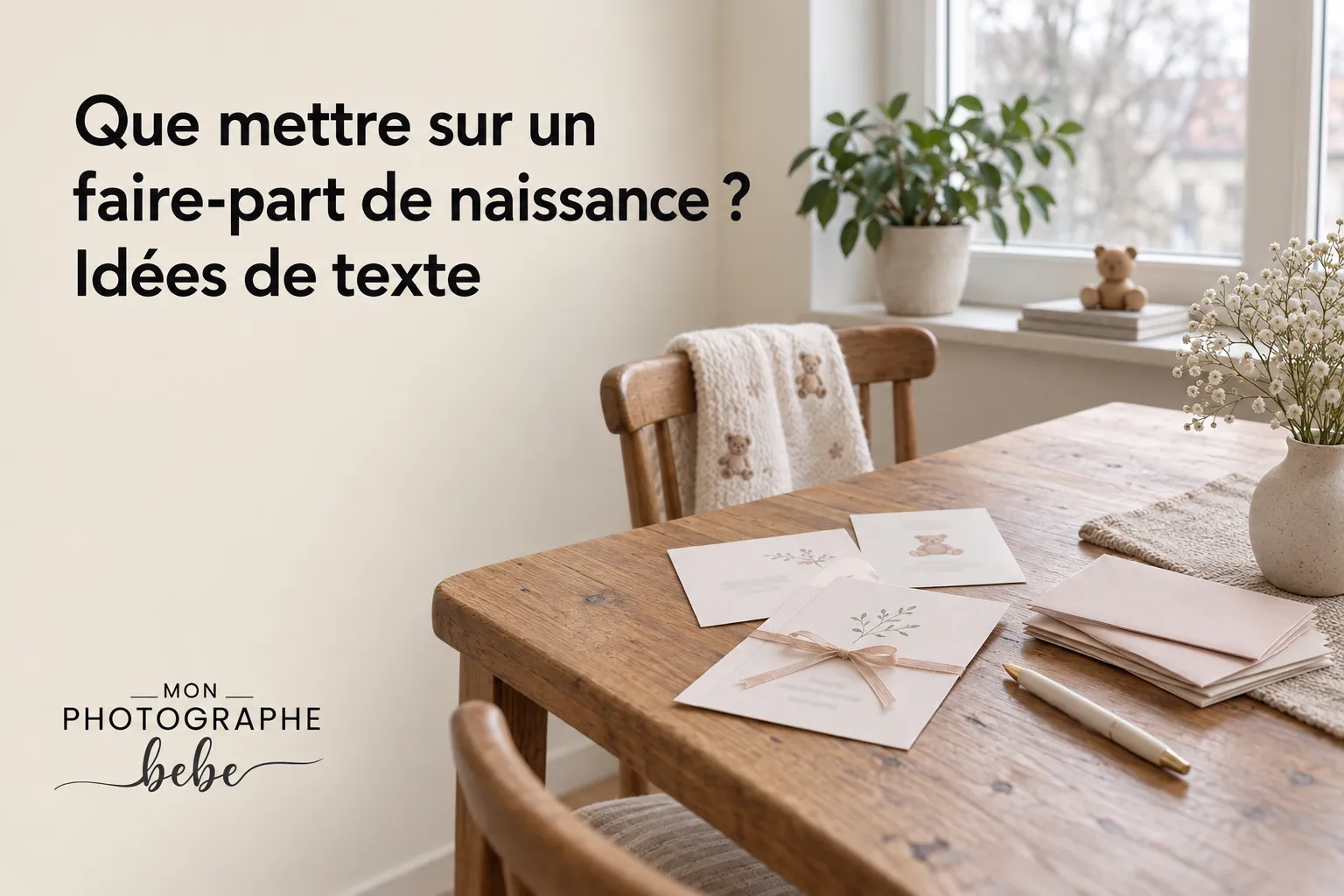 Cartes et enveloppes posées sur une table en bois avec une plume, une plante et des décorations près d’une fenêtre.