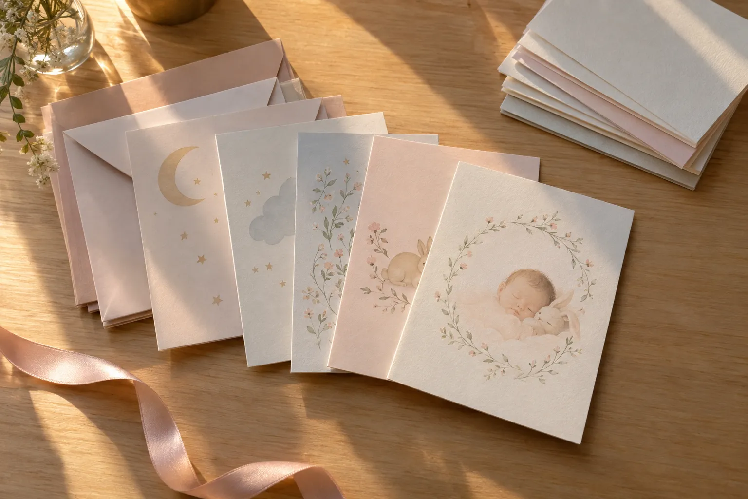 Cartes de naissance au design délicat posées sur une table, avec un petit arc floral autour d’un bébé dessin.
