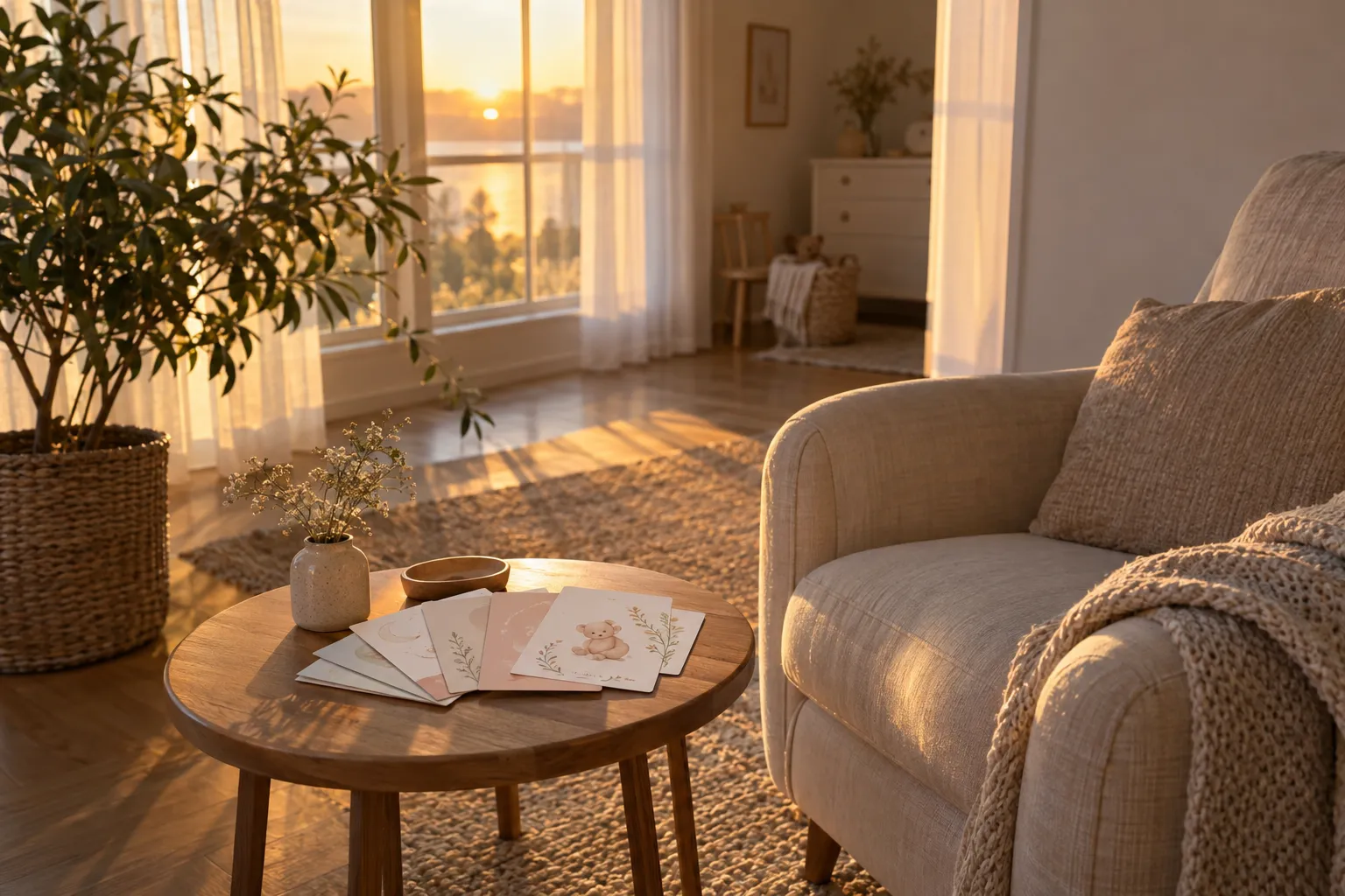 Table basse ronde avec plusieurs faire-part et envelopes posés dessus, dans un salon éclairé par la lumière du soir.